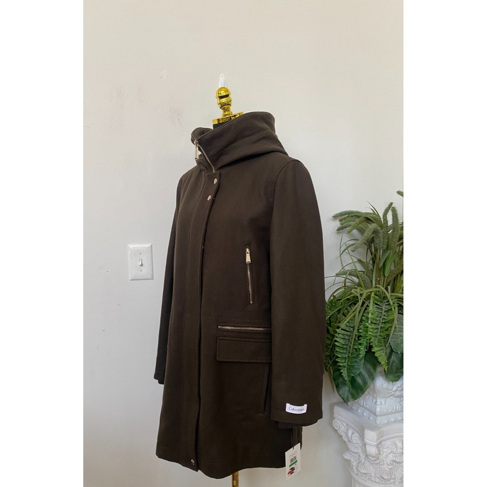 NWT Calvin Klein Women's Zip/Button Front Olive Green Duffle Wool Coat Sz L $328